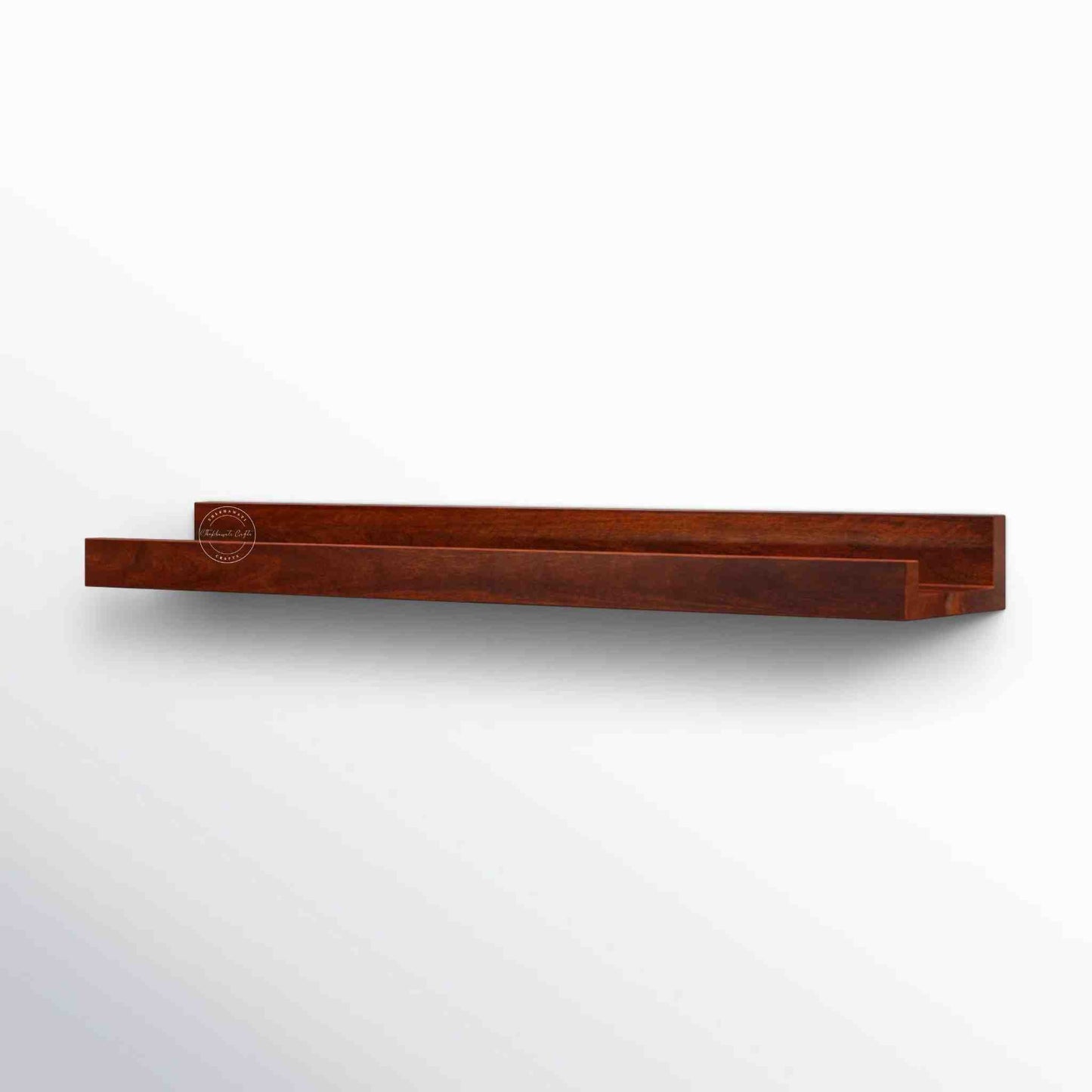 handcrafted Veda mango wood hanging wall shelf in honey finish.
