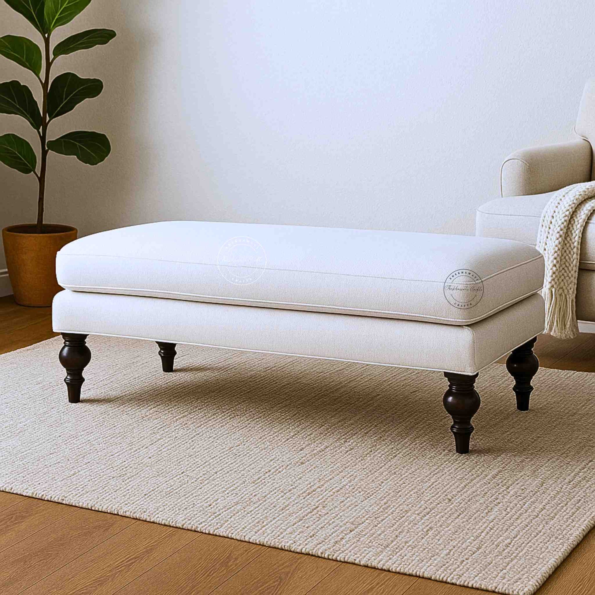 Velora classic ottoman bench is handmade from sheesham wood and jute fabric.