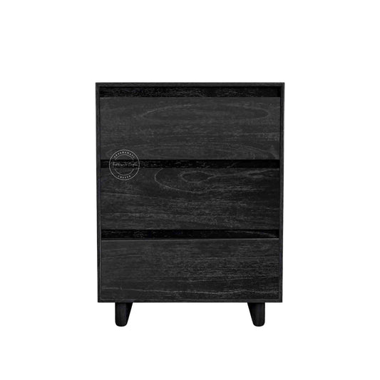Velvet Ash Wooden Chest of Drawers s handmade from mango wood with a matte black finish and 3 storage drawers.