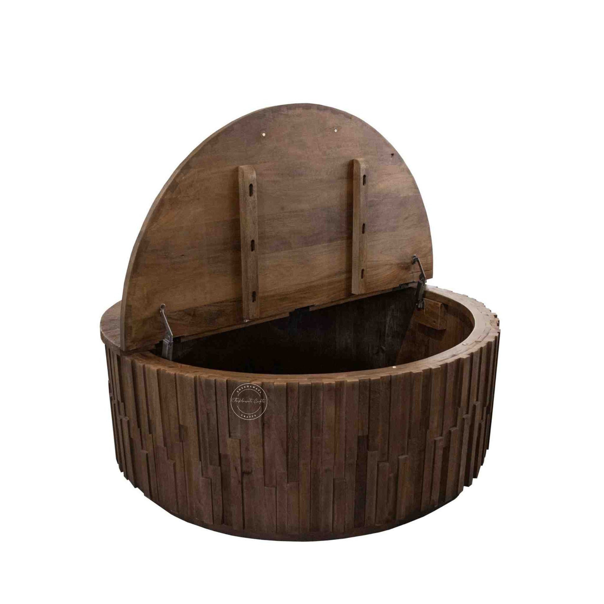 Venessa coffee table is handcrafted from mango wood with walnut finish and storage compartment.