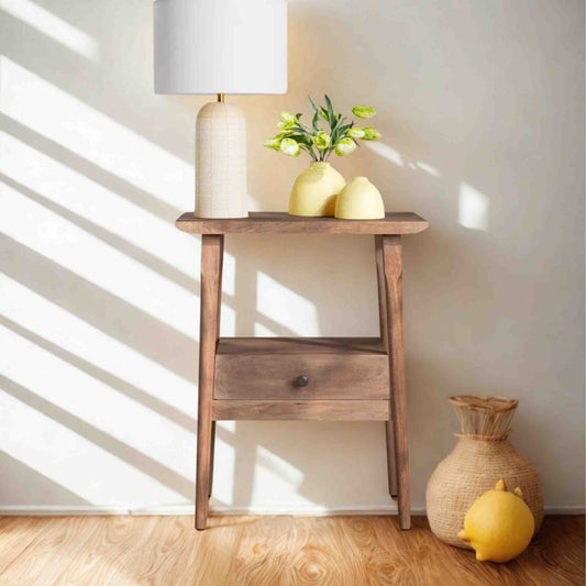 Venus end table is handmade from mango wood with natural finish and 1 drawer for storage