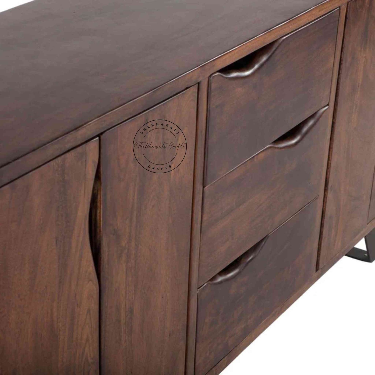 Vienna Live Edge Sideboard is handcrafted with sheesham wood with 4 doors and 3 drawers and a walnut finish.