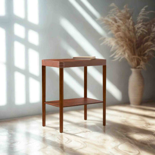 Visbi end table handmade from sheesham wood and honey finish with a bottom shelf.