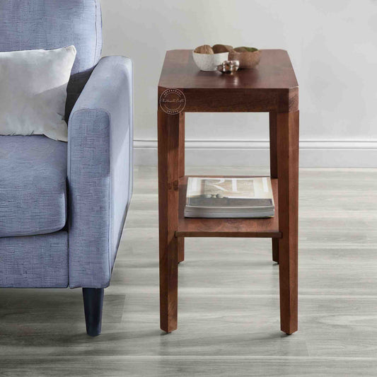 Visbi end table handmade from sheesham wood and honey finish with a bottom shelf.