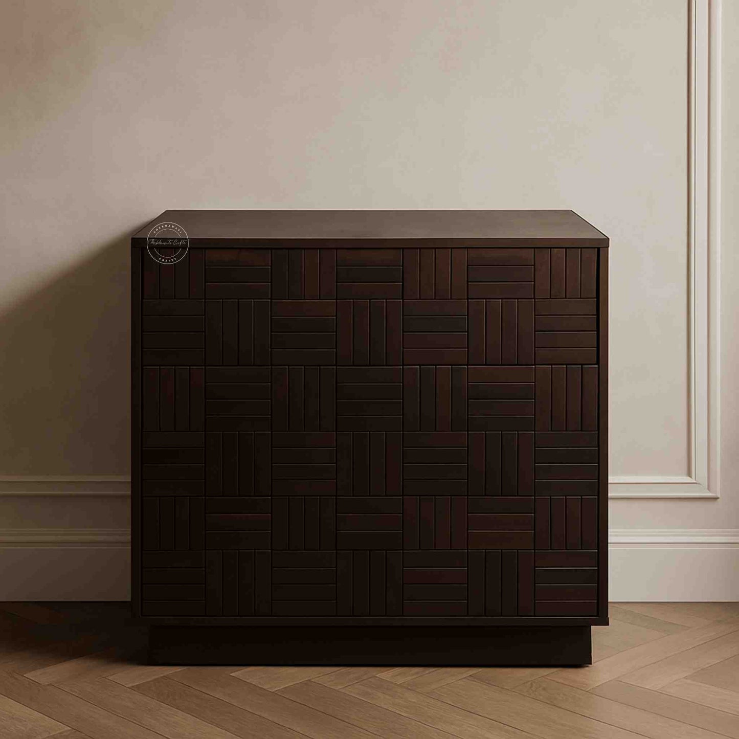 Westcote chest of drawers made from sheesham wood with 3 storage drawers, finished in walnut.