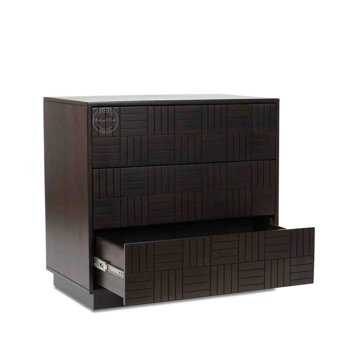 Westcote chest of drawers made from sheesham wood with 3 storage drawers, finished in walnut.