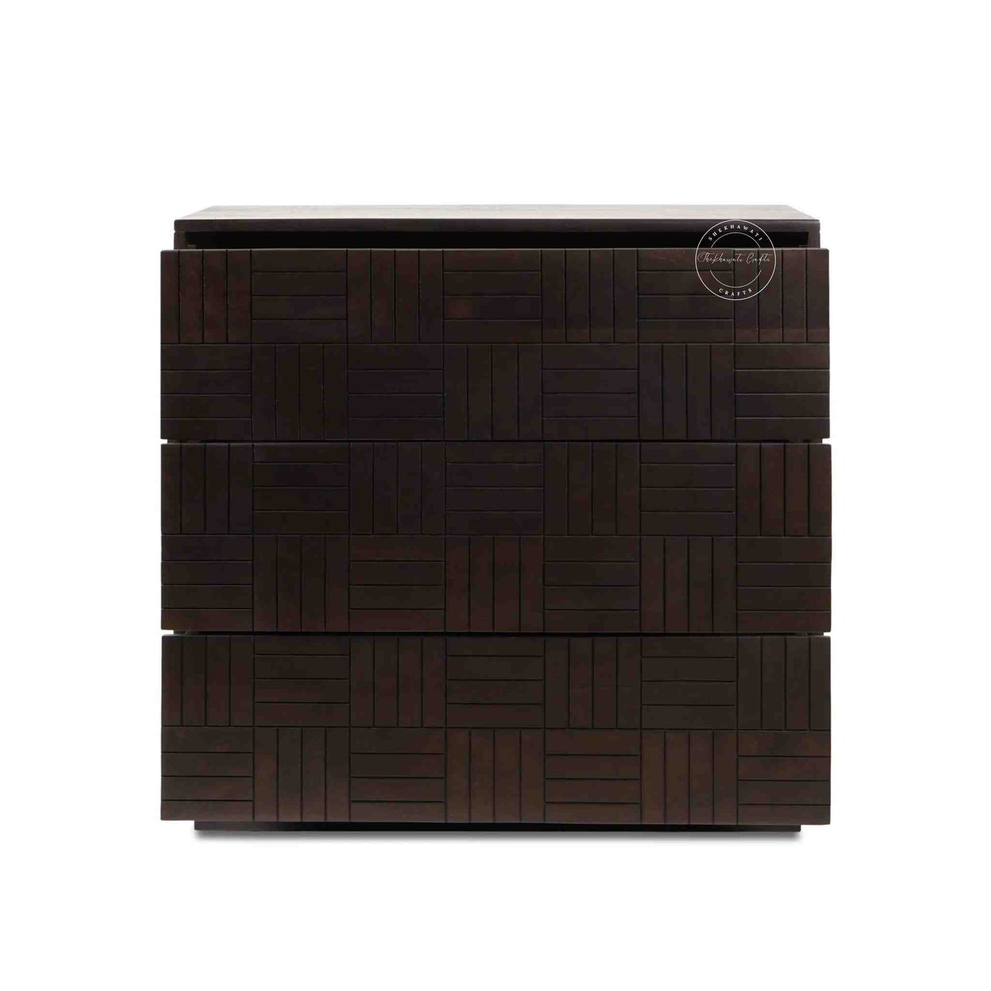 Westcote chest of drawers made from sheesham wood with 3 storage drawers, finished in walnut.