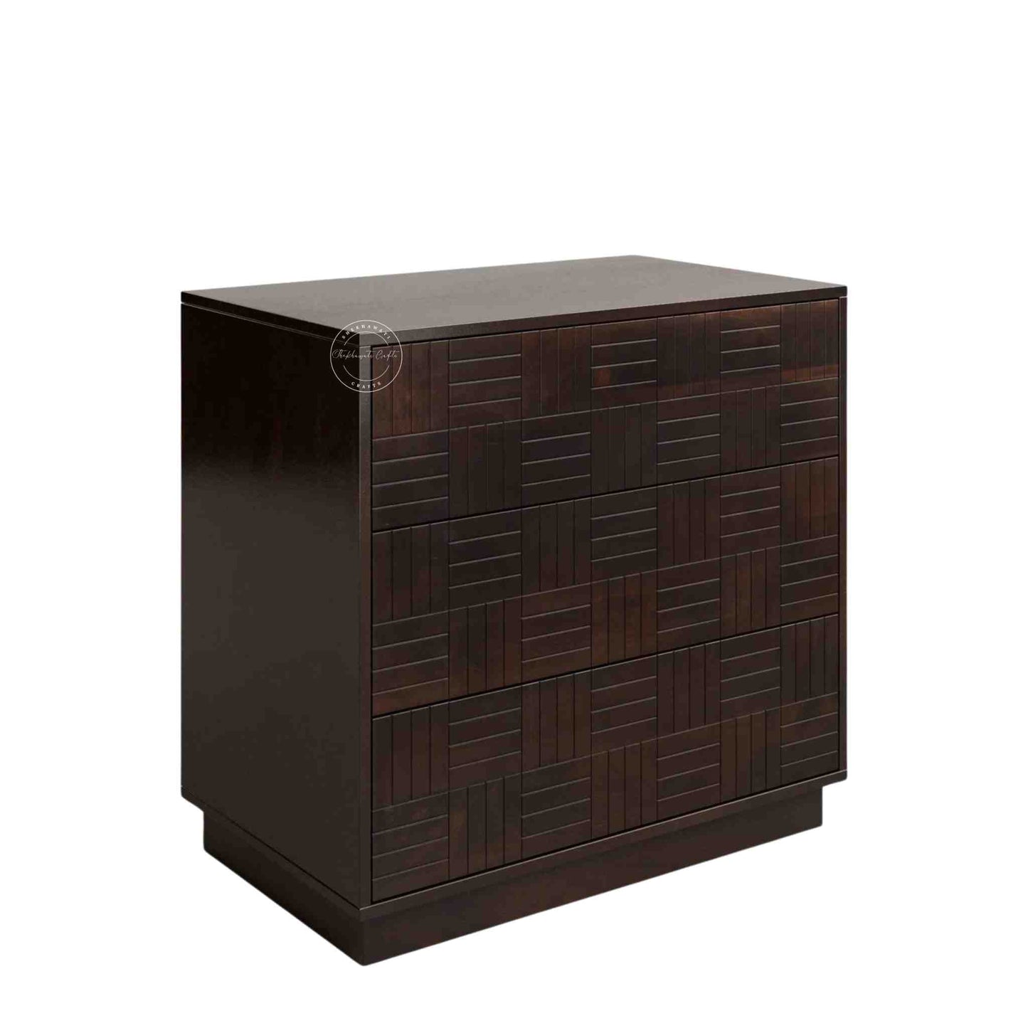 Westcote chest of drawers made from sheesham wood with 3 storage drawers, finished in walnut.