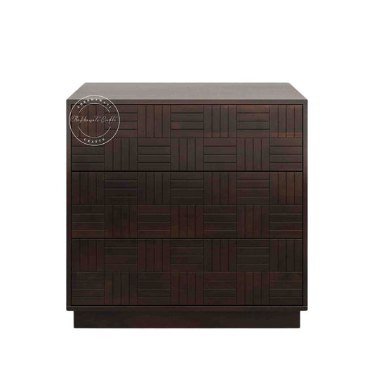 Westcote chest of drawers made from sheesham wood with 3 storage drawers, finished in walnut.