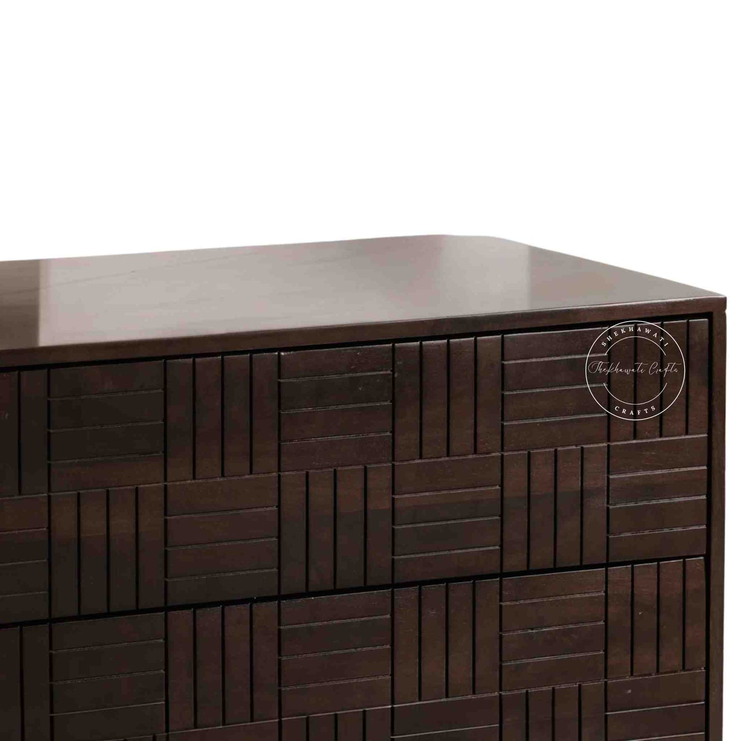 Westcote chest of drawers made from sheesham wood with 3 storage drawers, finished in walnut.