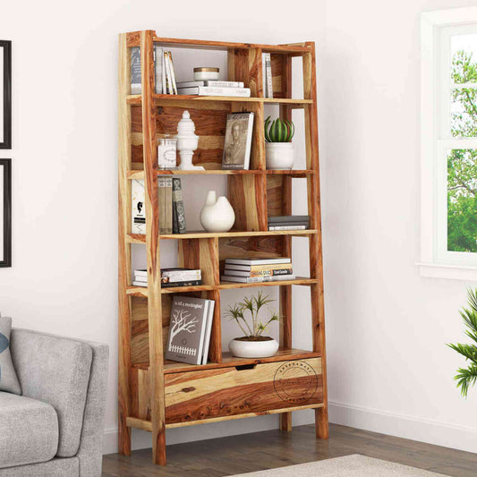 Handcrafted ayaan sheesham wood bookshelf with honey finish, open shelves and 1 drawer.