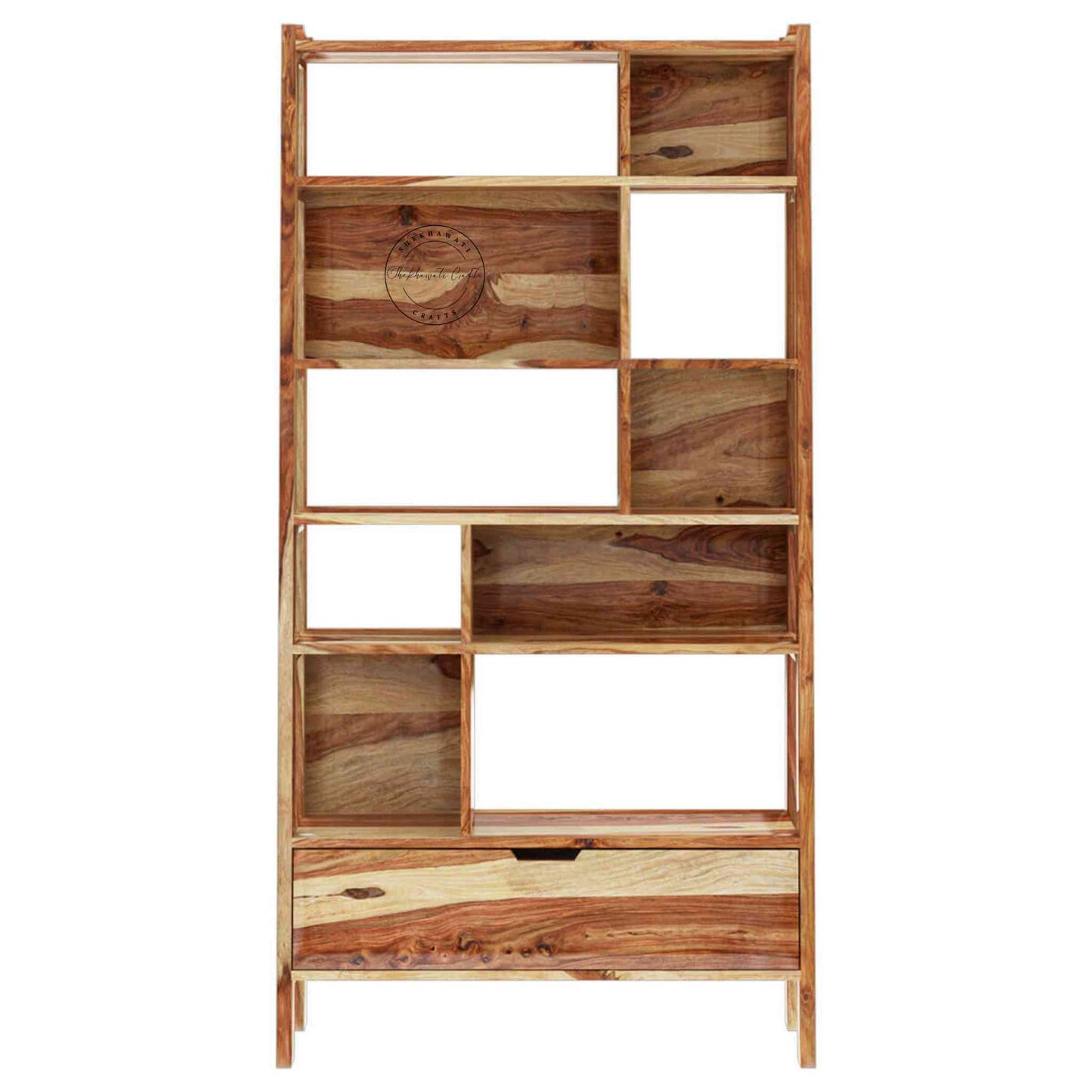 Handcrafted ayaan sheesham wood bookshelf with honey finish, open shelves and 1 drawer.