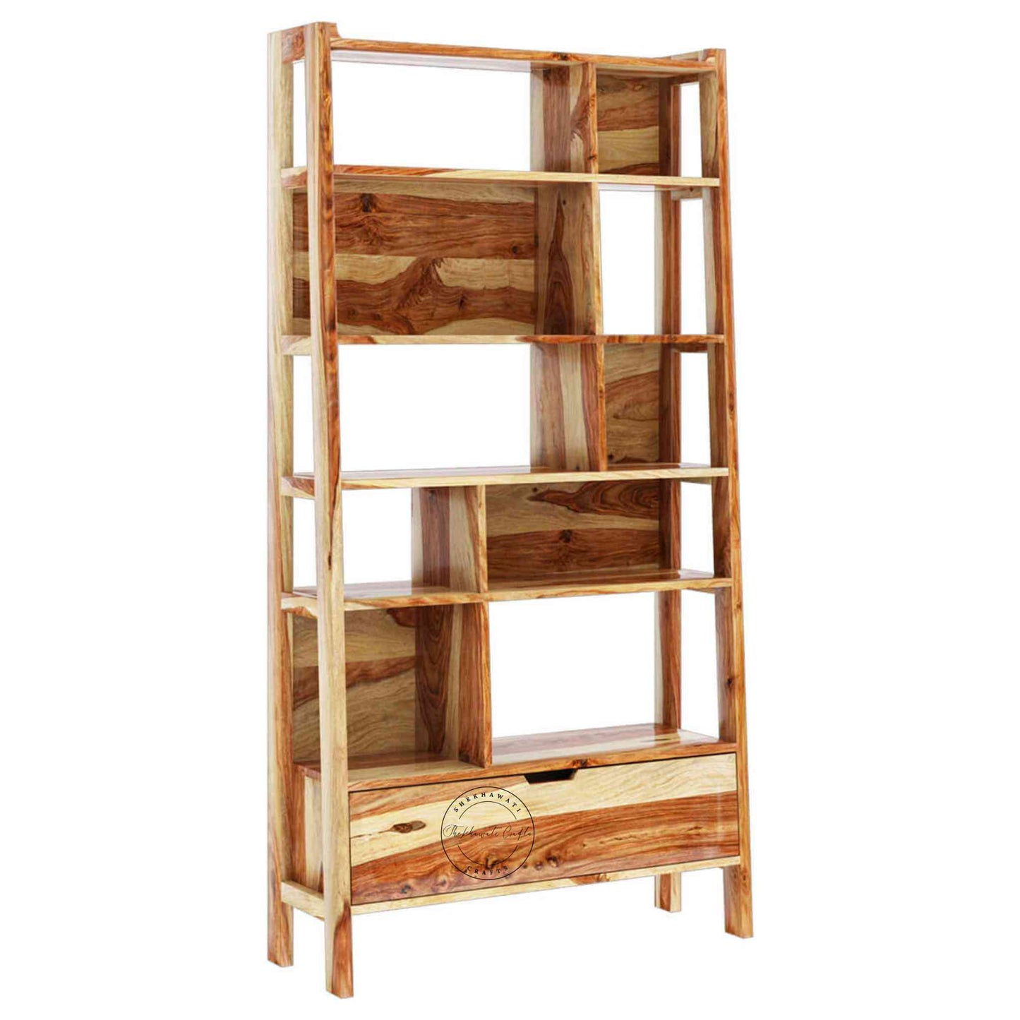 Handcrafted ayaan sheesham wood bookshelf with honey finish, open shelves and 1 drawer.