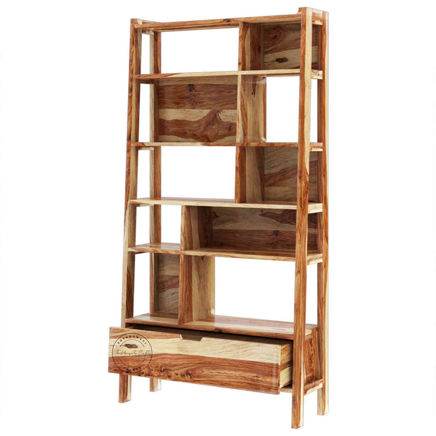 Handcrafted ayaan sheesham wood bookshelf with honey finish, open shelves and 1 drawer.