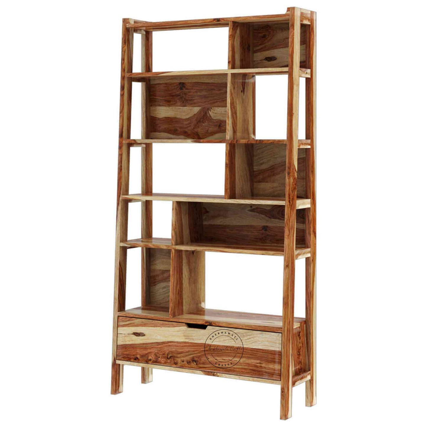 Handcrafted ayaan sheesham wood bookshelf with honey finish, open shelves and 1 drawer.
