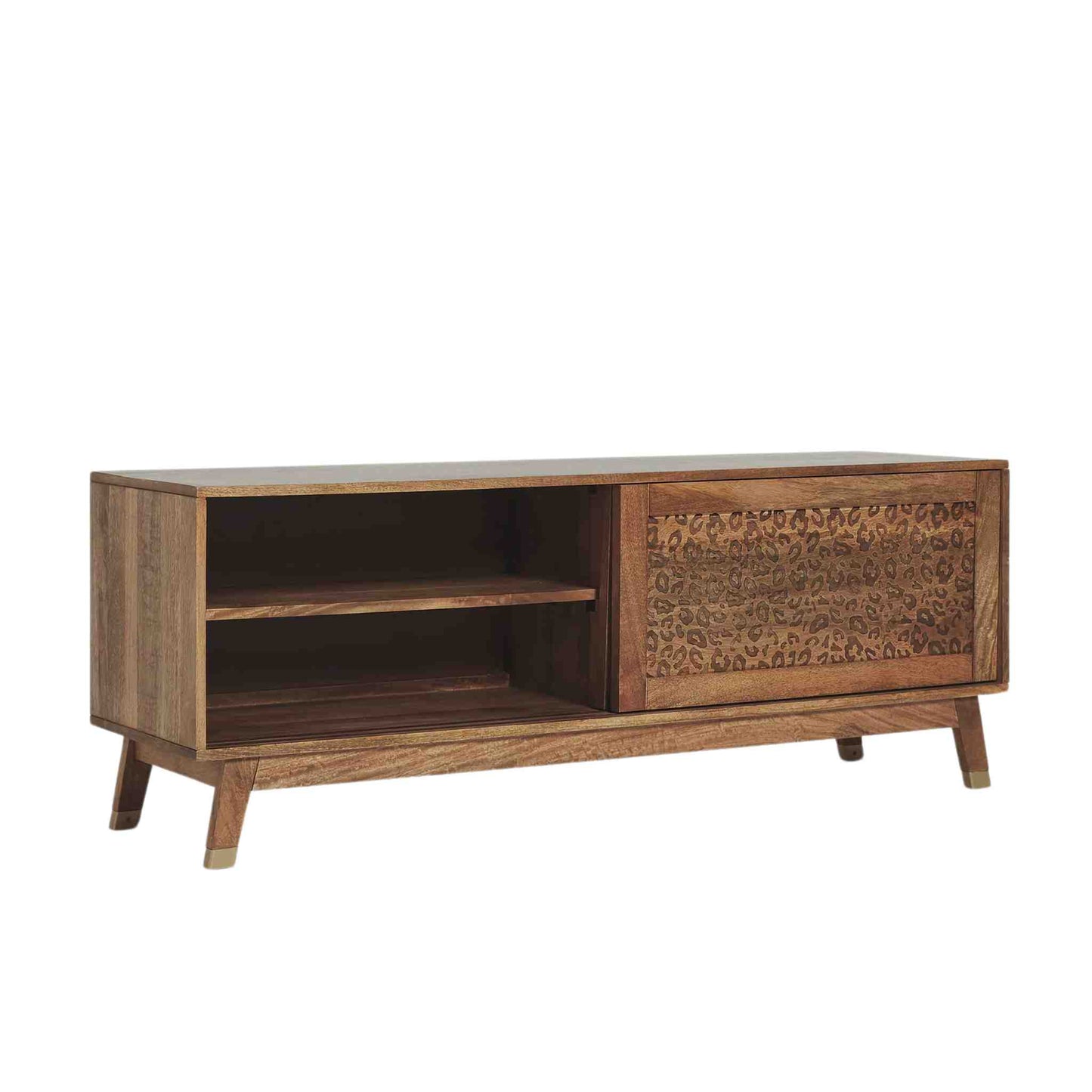 The Aarika handcrafted wooden TV cabinet is made from mango wood and features sliding doors.