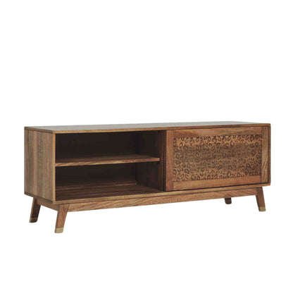 The Aarika handcrafted wooden TV cabinet is made from mango wood and features sliding doors.