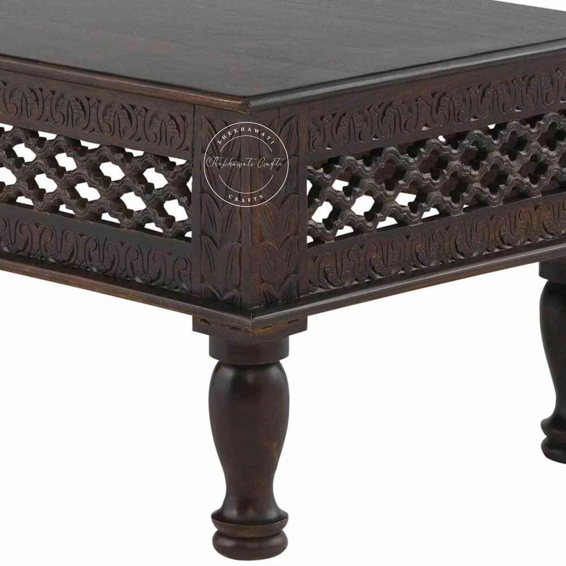 handcrafted Aaron wooden center table is made with sheesham wood and walnut finish. vintage furniture ideal for the home.