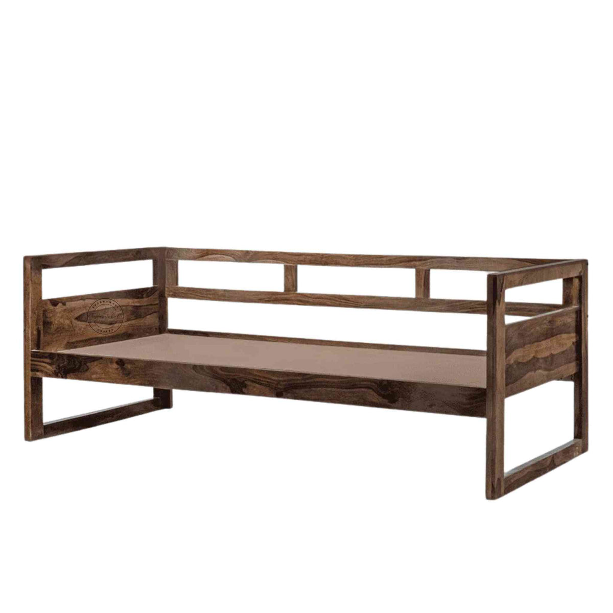 Side view of a foldable wooden daybed made of Sheesham wood with natural finish sits in a white background.