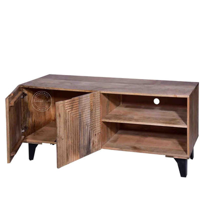 Anglo TV Cabinet is handcrafted with mango wood with 2 doors and a detachable shelf.