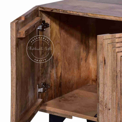 Anglo TV Cabinet is handcrafted with mango wood with 2 doors and a detachable shelf.