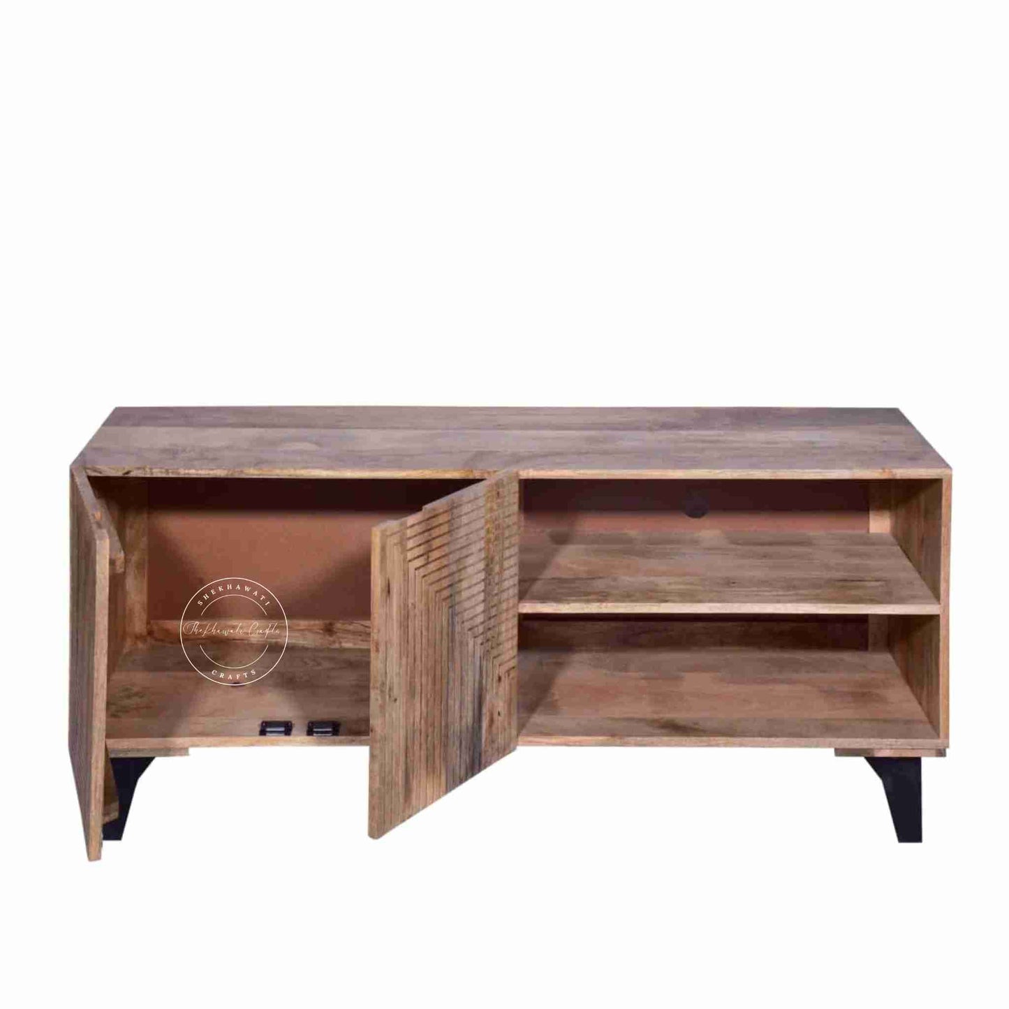 Anglo TV Cabinet is handcrafted with mango wood with 2 doors and a detachable shelf.