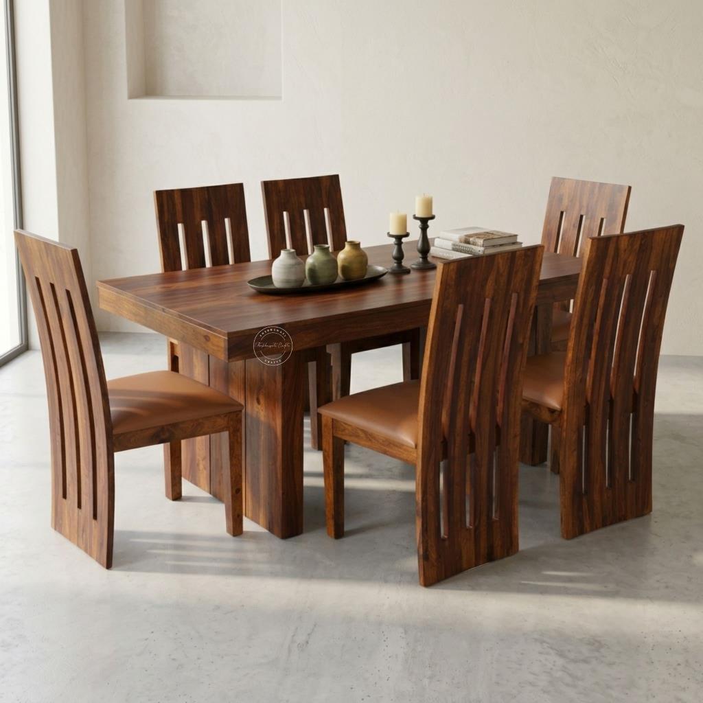 A wooden dining table set with six matching chairs, featuring a honey finish and vertical slat backs, styled with decorative vases.