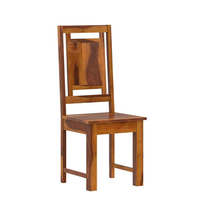 A wooden dining chair with a tall slatted backrest and a square seat, shown on a plain white background.