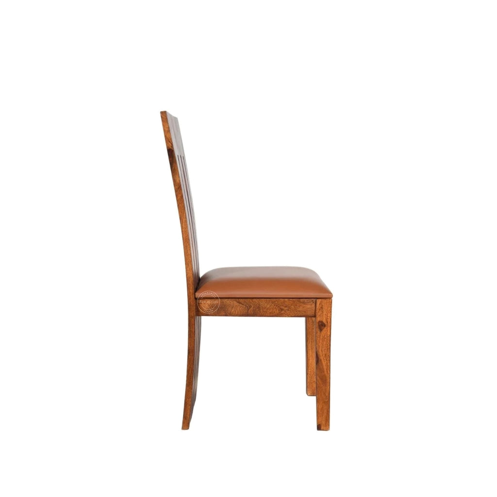 A wooden dining chair with a high slatted backrest and a brown upholstered seat, shown from the side against a plain white background.