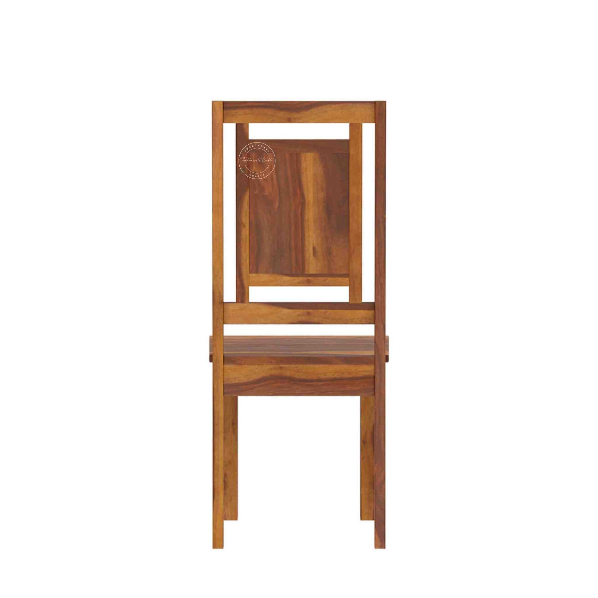 A single wooden dining chair with a rectangular backrest and seat, shown from the front against a plain white background.
