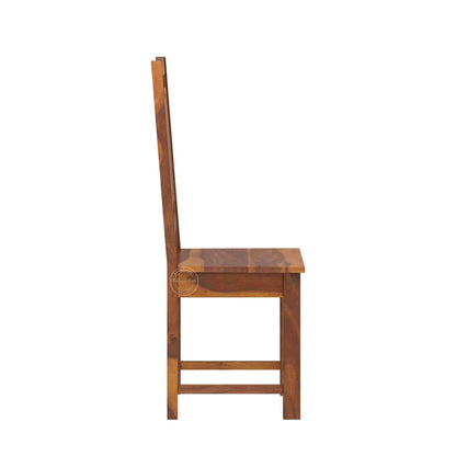 A side-view shot of a wooden dining chair with a tall backrest and a warm medium-brown finish, isolated on a white background.