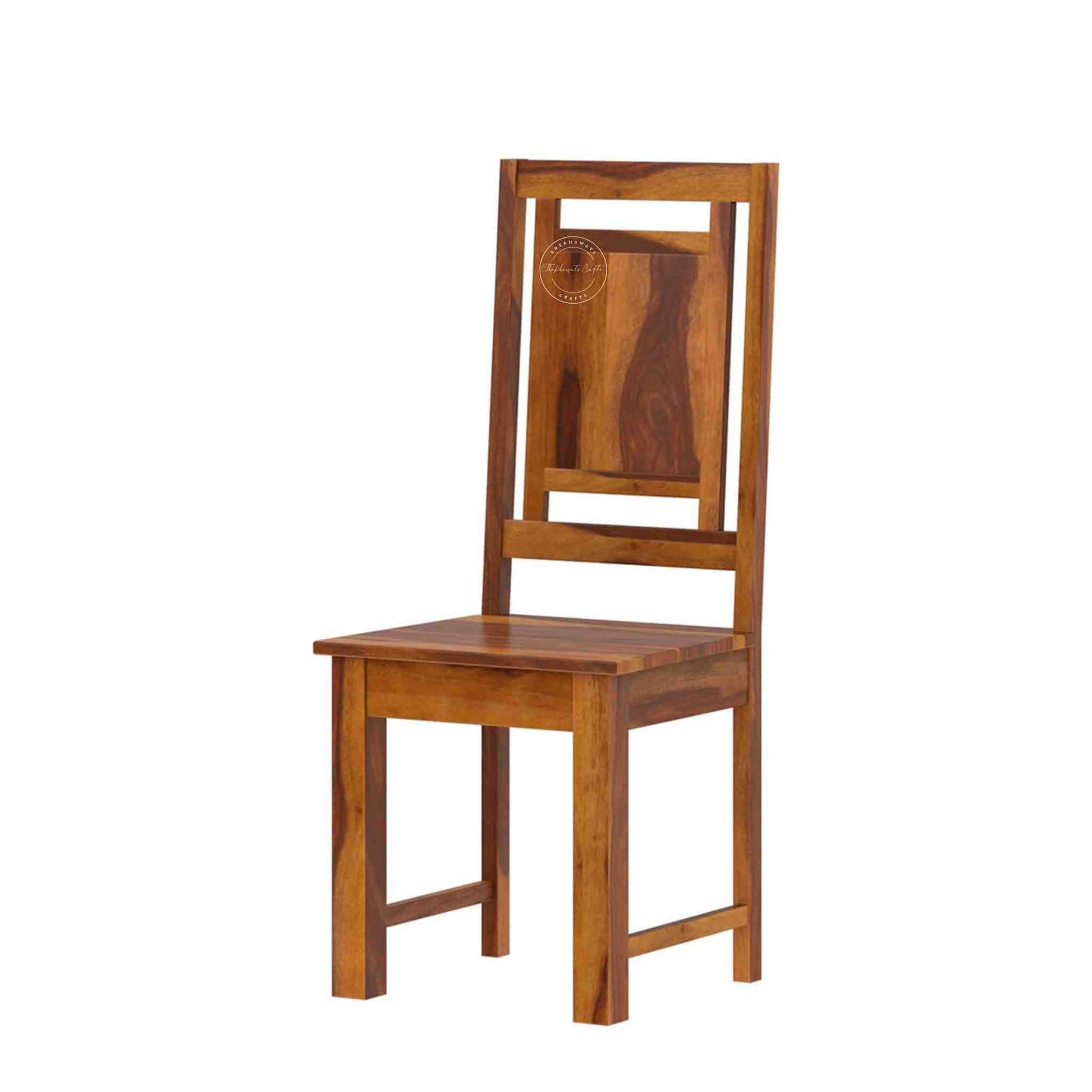 A wooden dining chair with a tall rectangular backrest, featuring a warm medium-brown finish and a circular brand logo on the upper backrest.