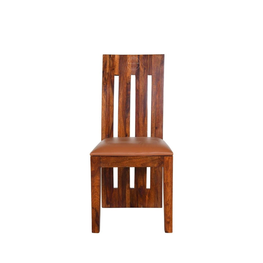 A wooden dining chair with a warm brown finish, featuring a slatted backrest and a cushioned seat.