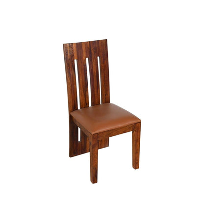 A wooden dining chair with a tall slatted backrest and a brown upholstered seat, shown on a plain white background.