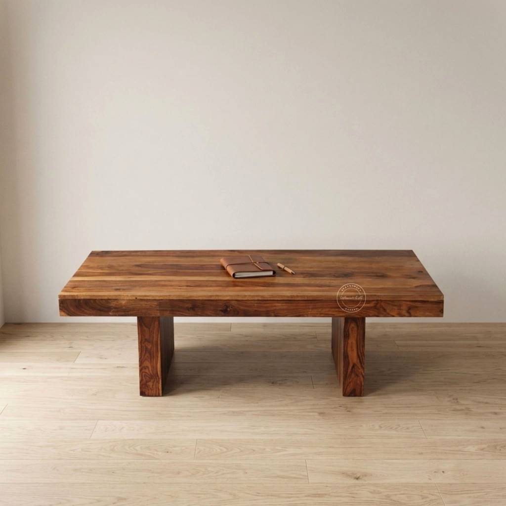 A rectangular sheesham wood center table with thick legs and a rustic natural wood grain finish, shown on a light wood floor against a neutral beige wall.