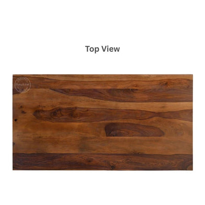 Top view of rectangular sheesham wood centre table with a warm medium-brown wood grain pattern on a white background.
