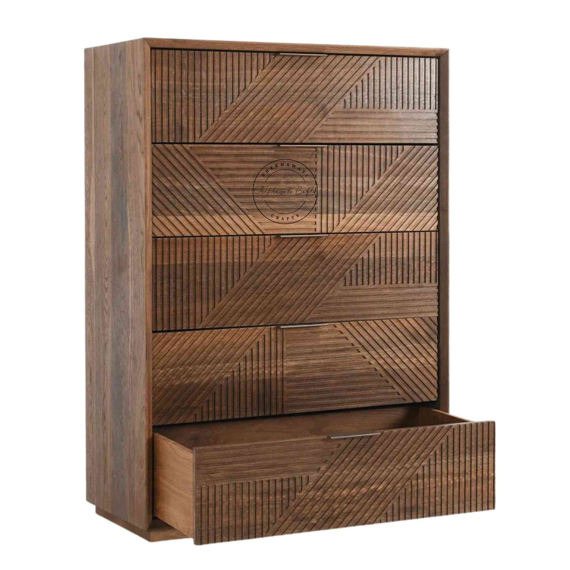Handcrafted Arisa Chest with 5 Drawers made from sheesham wood, ideal for home and office furniture.