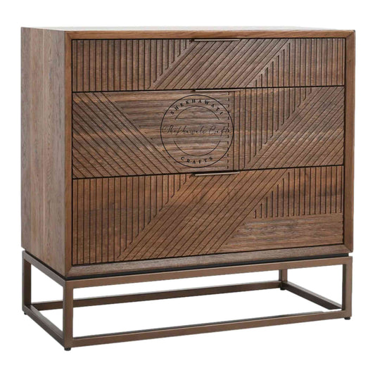 Handcrafted Arisa Sheesham Wood Chest of Drawers with 3 drawers, featuring a natural finish and detachable iron legs.