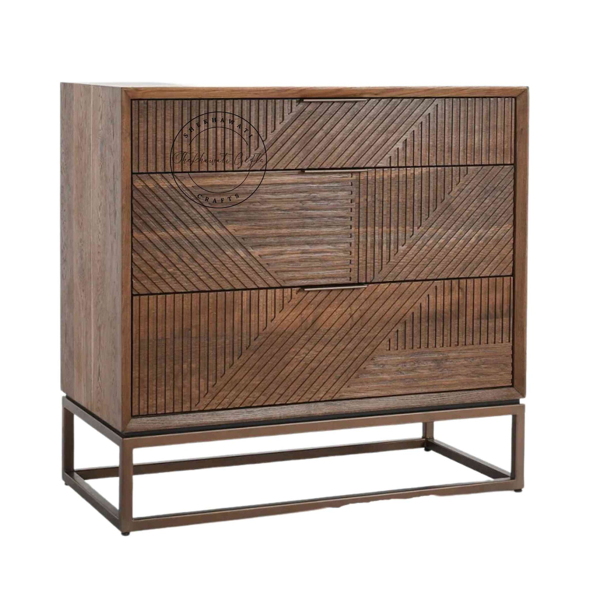 Handcrafted Arisa Sheesham Wood Chest of Drawers with 3 drawers, featuring a natural finish and detachable iron legs.