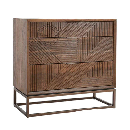 Handcrafted Arisa Sheesham Wood Chest of Drawers with 3 drawers, featuring a natural finish and detachable iron legs.