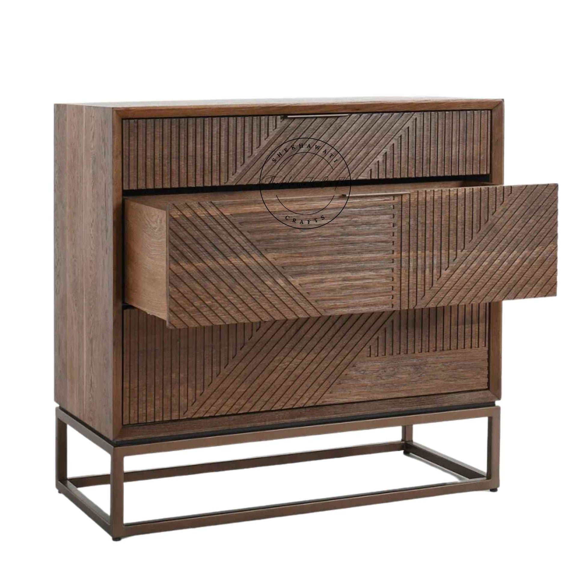 Handcrafted Arisa Sheesham Wood Chest of Drawers with 3 drawers, featuring a natural finish and detachable iron legs.