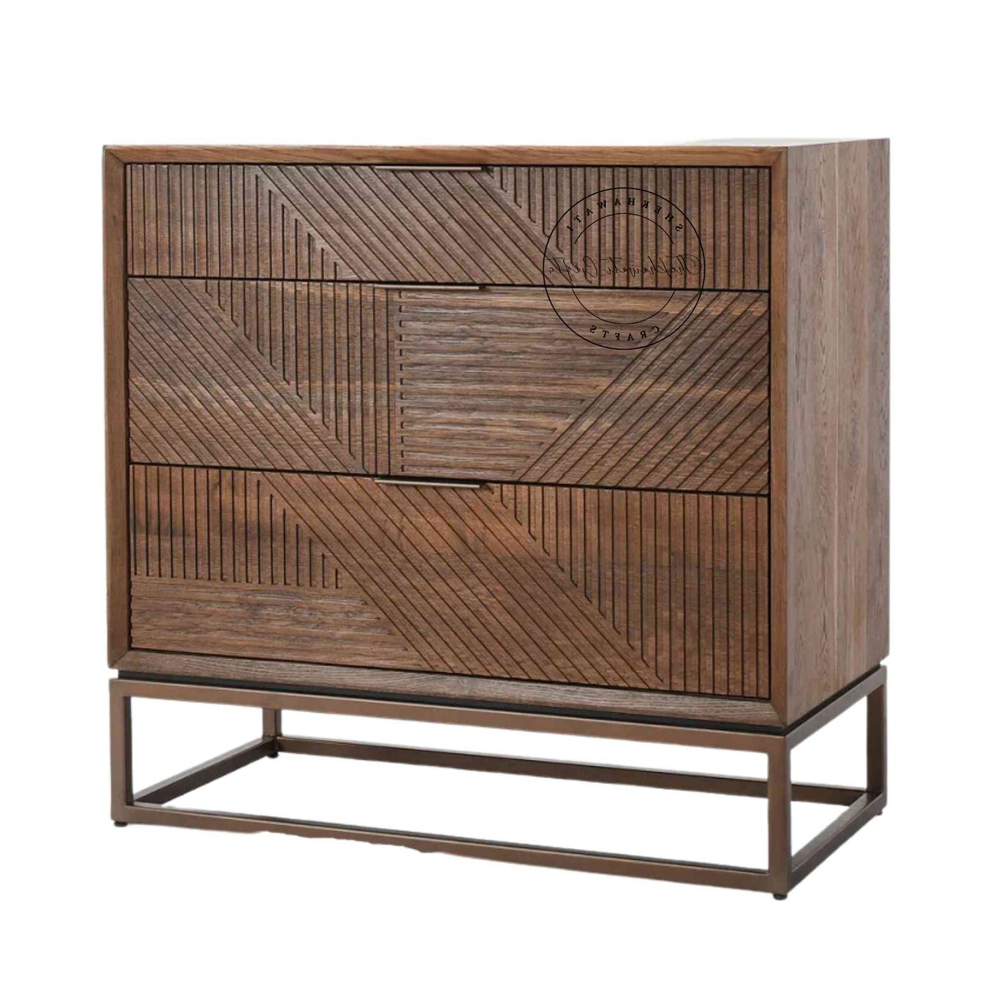 Handcrafted Arisa Sheesham Wood Chest of Drawers with 3 drawers, featuring a natural finish and detachable iron legs.