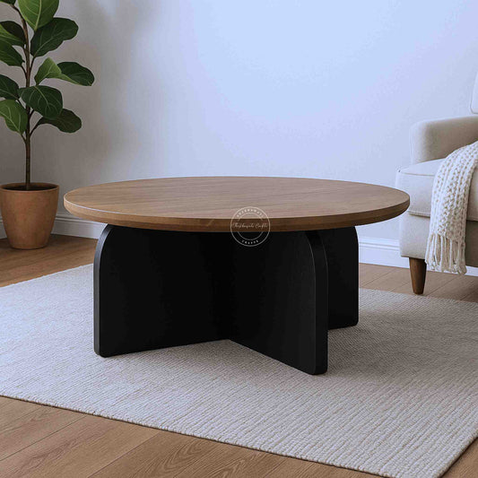 handmade Arlo Mango Wood Round Coffee Table with dual tone finish
