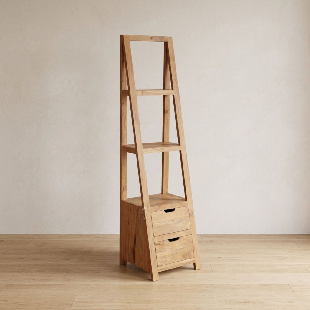 An acacia wood A-frame ladder shelf with three open shelves and a small two-drawer storage base, shown standing on a light wood floor against a neutral beige wall.