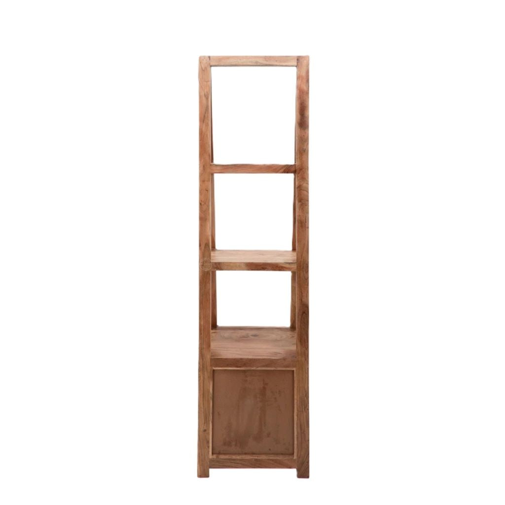 A tall, narrow wooden shelving unit with three open shelves and a lower cabinet drawers, shown against a plain white background.