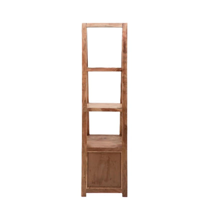 A tall, narrow wooden shelving unit with three open shelves and a lower cabinet drawers, shown against a plain white background.