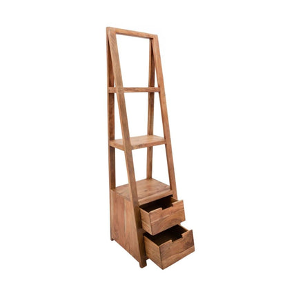 A rustic wooden ladder shelf with three open shelves and two pull-out drawers at the base, shown on a plain white background.