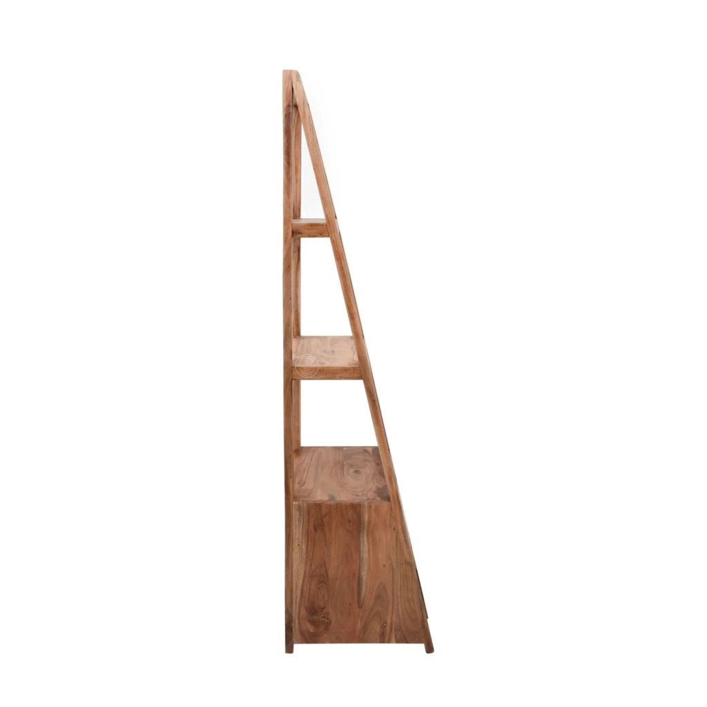 A tall, narrow wooden ladder-style shelf with three open shelves and a lower storage cabinet, shown from the side against a plain white background.
