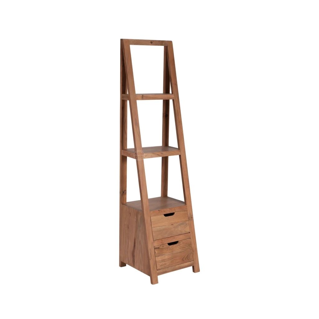 A tall, narrow wooden ladder-style shelving unit with three open shelves and two drawers at the base, shown on a plain white background.