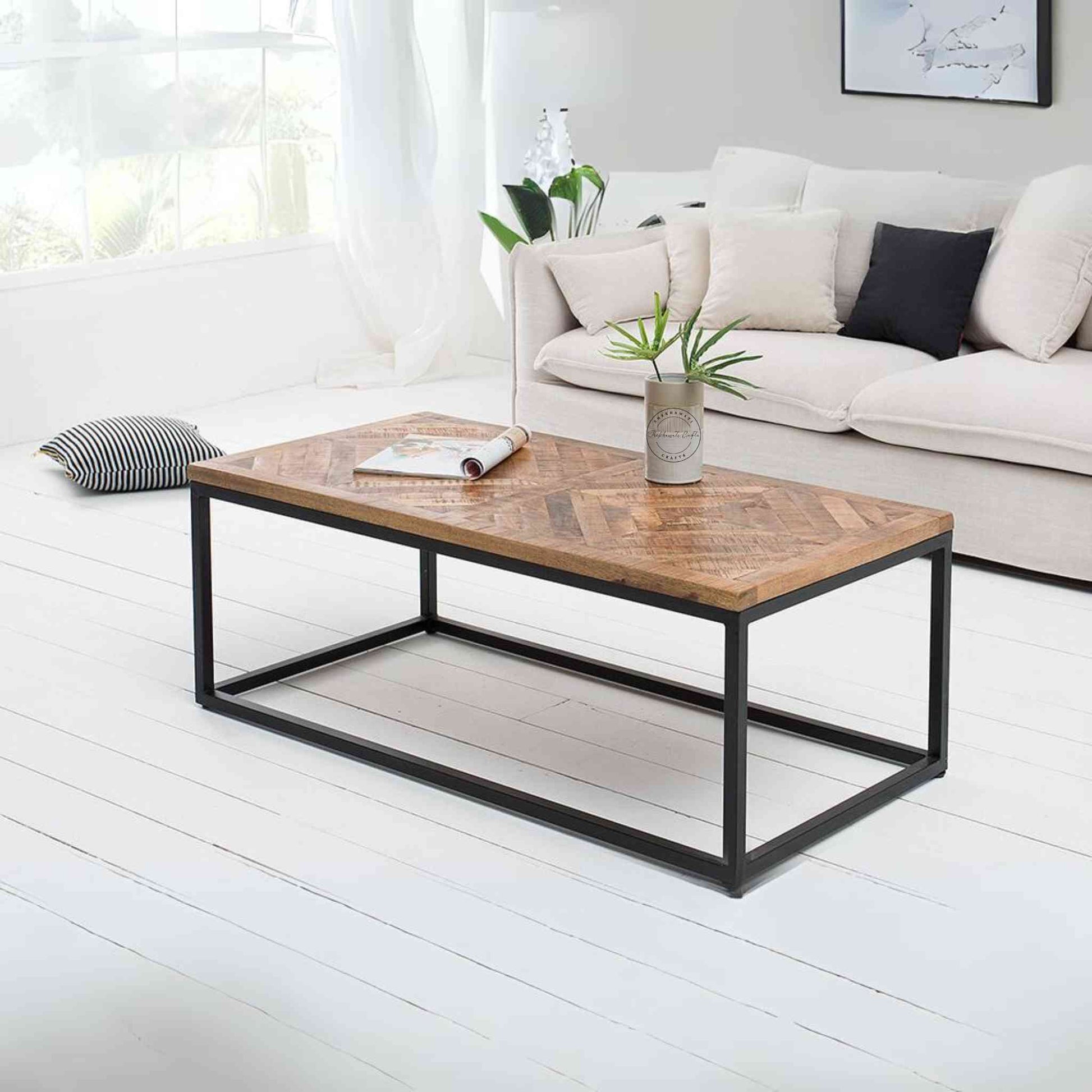 Athena Center Table handcrafted with solid mango wood and iron legs.